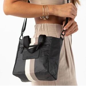New Aloha Le Voyageur Crossbody in caffe on black varsity stripe